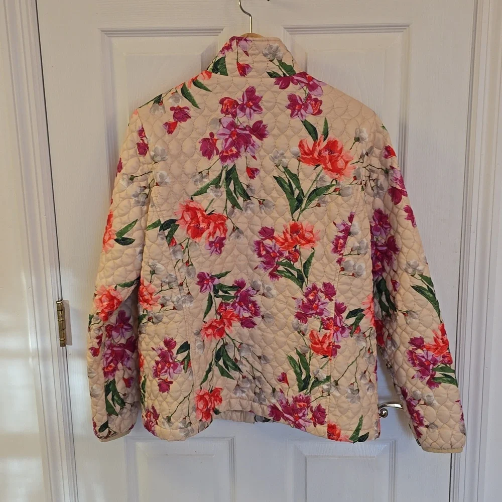 Lands' End Women's Quilted Floral Jacket Lightweight Coat  Ivory Green SZ Medium - Picture 3 of 15